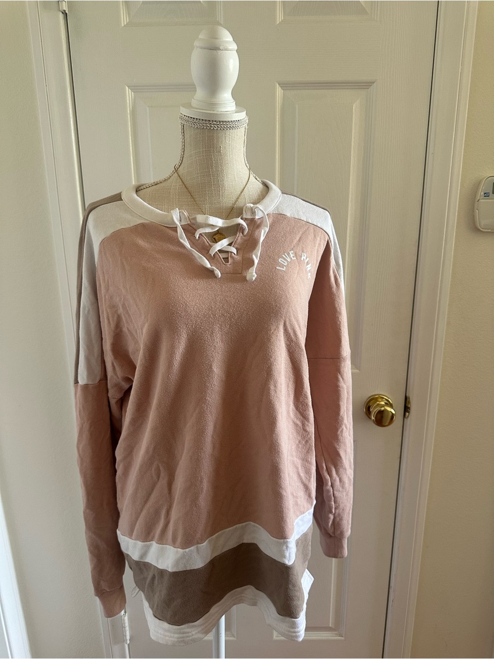 Victoria's Secret Lace-Up Pullover Sweatshirt in Blush Pink, White & Tan